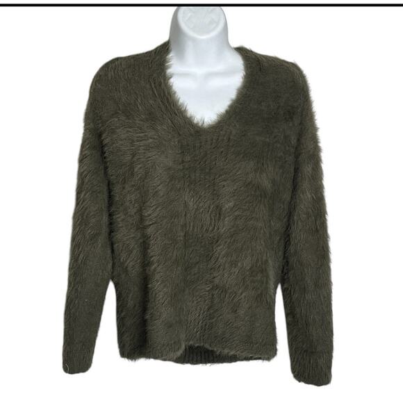 Banana Republic Pullover Sweater Size M Faux Rabbit Hair Keyhole V-Neck Green - Picture 3 of 8
